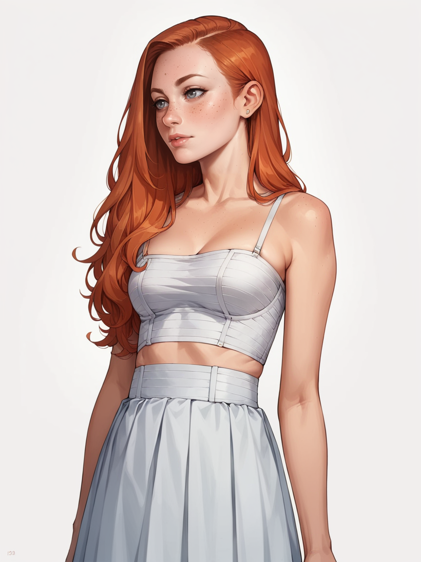 score_9, score_8_up, score_7_up, score_6_up, 1girl, long hair, ginger hair,  <lora:b0rd3ll3XLP:0.6> b0rd3ll3 crop top, skirt, dress, white background,