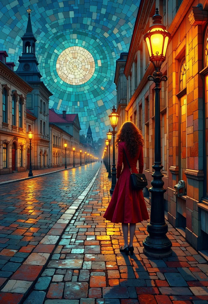 Vst1, art Nouveau, mosiac, front close-up of woman standing by lamppost, night time, dynamic lighting, puddle, reflection, detailed