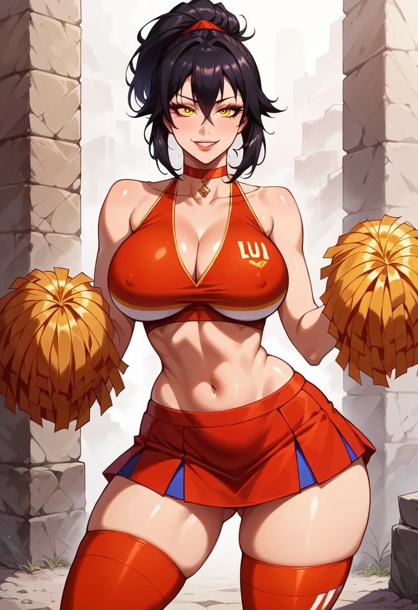 score_7_up, source_anime, (beautiful face, beautiful eyes, detailed eyes, detailed face:1.2),
1girl, solo, girl solo, slobber, hourglass shaped body, curvy figure,
front view, (cheerleader uniform:1.2), heels, choker, stockings, 
dynamic standing seductive pose, seductive pose, half body,lewd face, slutty a lot, lewd face, slutty a lot, horny eyes, smug, 
huge ass, huge tits, large ass,
beautiful anime face, detailed anime face,
(wide hips:1.3),
Tomoe Sukuba, black hair, short hair, ponytail, hair between eyes, yellow eyes, large breasts, makeup, horny, lewd, slutty,