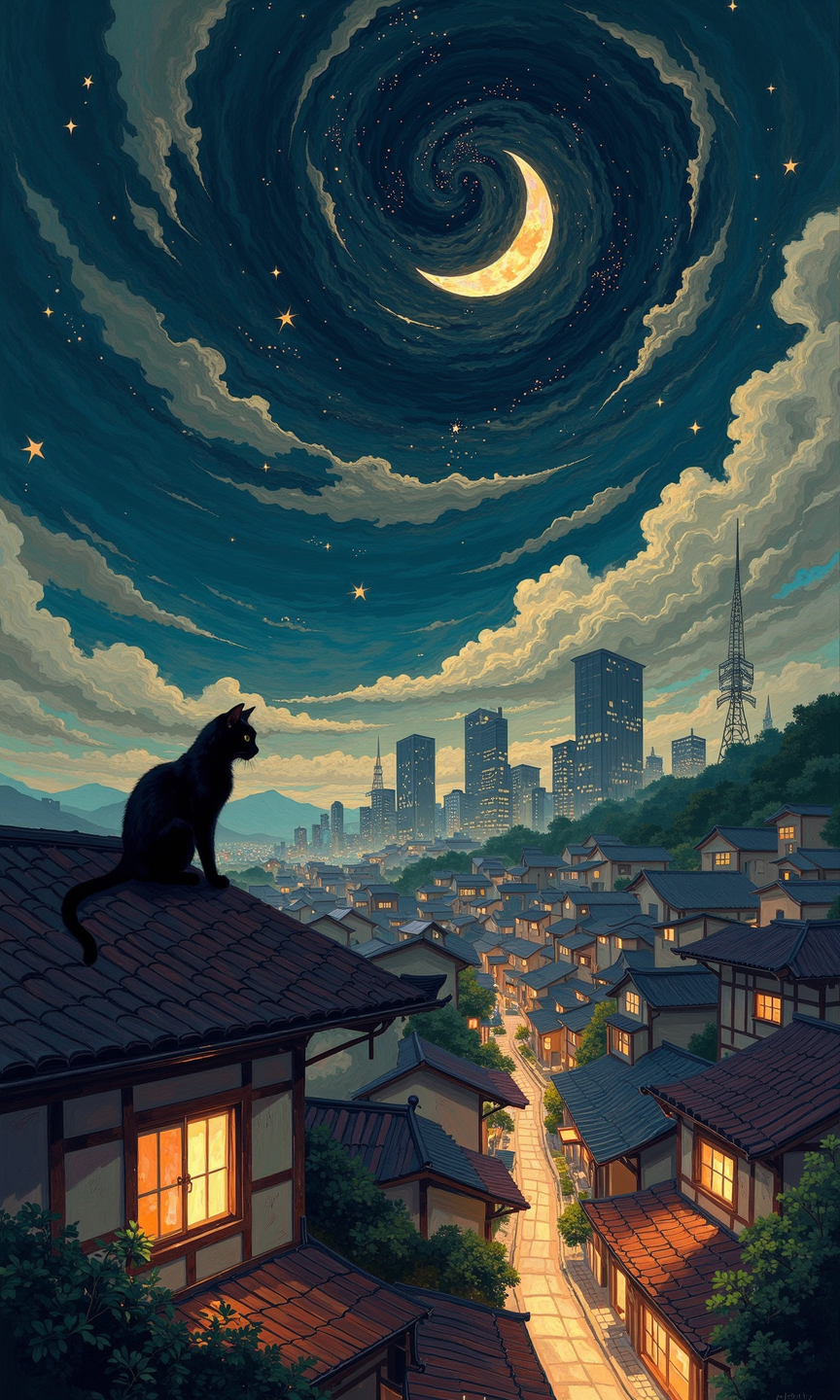 A stylized illustration of a nocturnal cityscape, likely inspired by Japanese architecture. 
The foreground features a dark, almost silhouette-like black cat perched atop a rooftop, gazing down a narrow street lined with traditional Japanese buildings. The rooftops have a dark, muted brown/gray tone, and the buildings are characterized by their distinct, gabled roofs and light-colored windows, some glowing with an amber or orange light, which suggests an evening or night-time ambiance. 
The mid-ground showcases more buildings, roads, and a part of the city's skyline. A few taller modern skyscrapers are subtly incorporated, creating a contrast between the traditional architecture and the modern influence.
The background is a swirling night sky with a crescent moon that is an ochre or golden yellow color, contrasted with dark, swirling clouds and numerous stars, all painted in a style that evokes a sense of movement and mood. The sky's colors are deep blues, dark grays, and muted purples, with visible texture. 
The overall style of the illustration is painterly and expressive, with a touch of whimsy due to the prominent silhouette of the seated cat and the slightly exaggerated swirling clouds in the background. The combination of colors and perspective creates a peaceful and mysterious mood.
<lora:FLUX-daubrez-DB4RZ-v2:1> DB4RZ, DB4RZ style painting