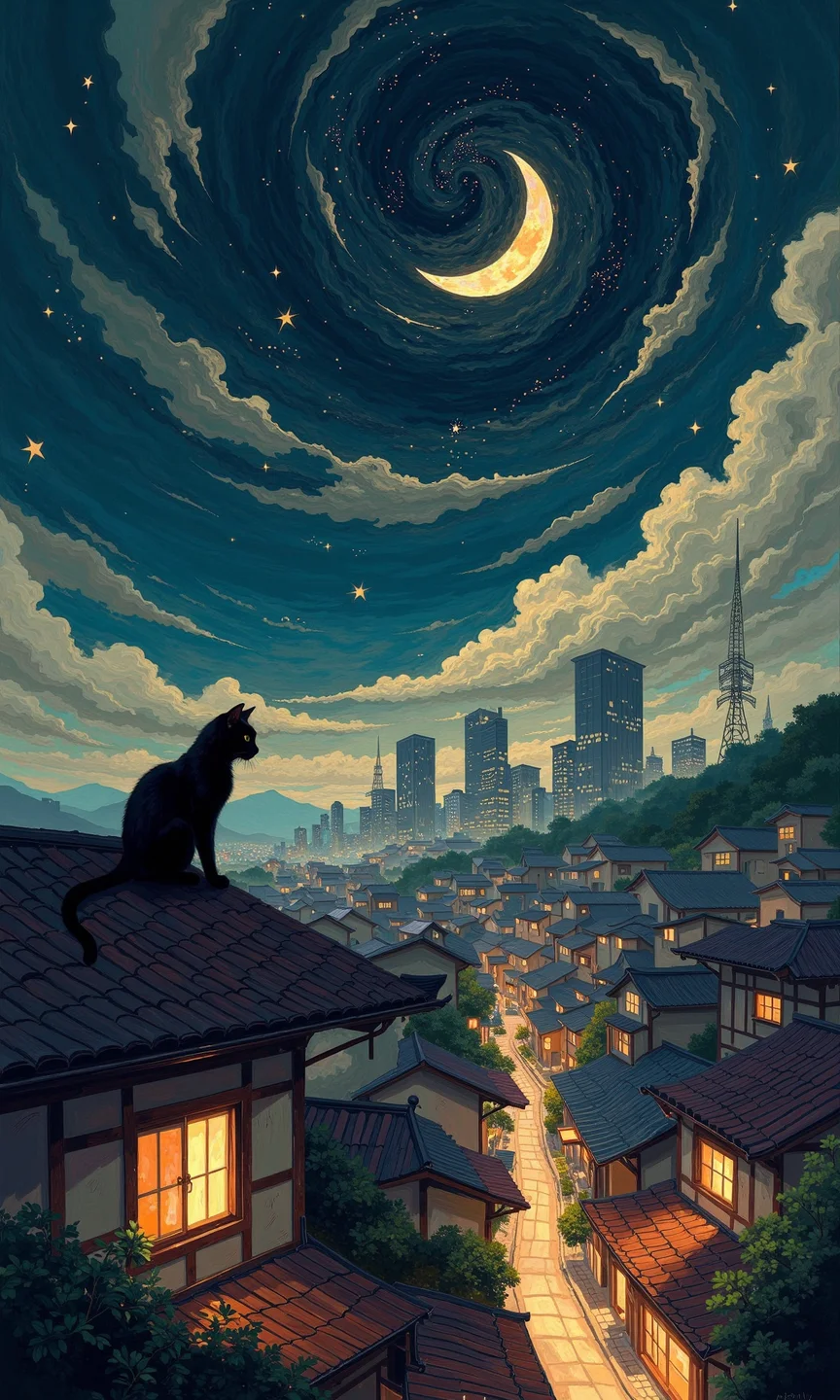A stylized illustration of a nocturnal cityscape, likely inspired by Japanese architecture. 
The foreground features a dark, almost silhouette-like black cat perched atop a rooftop, gazing down a narrow street lined with traditional Japanese buildings. The rooftops have a dark, muted brown/gray tone, and the buildings are characterized by their distinct, gabled roofs and light-colored windows, some glowing with an amber or orange light, which suggests an evening or night-time ambiance. 
The mid-ground showcases more buildings, roads, and a part of the city's skyline. A few taller modern skyscrapers are subtly incorporated, creating a contrast between the traditional architecture and the modern influence.
The background is a swirling night sky with a crescent moon that is an ochre or golden yellow color, contrasted with dark, swirling clouds and numerous stars, all painted in a style that evokes a sense of movement and mood. The sky's colors are deep blues, dark grays, and muted purples, with visible texture. 
The overall style of the illustration is painterly and expressive, with a touch of whimsy due to the prominent silhouette of the seated cat and the slightly exaggerated swirling clouds in the background. The combination of colors and perspective creates a peaceful and mysterious mood.
<lora:FLUX-daubrez-DB4RZ-v2:1> DB4RZ, DB4RZ style painting