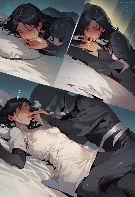 score_9, score_8_up, score_7_up, score_6_up, score_5_up, score_4_up, night, ((white bed)), (((bedroom))), ((young)), ((young body)), ((petite)), ((short)), (impact effect), (motion blur), (breath), (((((1girl))))), ((mouth poison liquid)), (((finger in the mouth by black bodysuit))), lying down, sleep face, black hood, black skin, black face, black mask, (((((4koma))))), ((((((multiple angle))))), ((((((multiple panel)))))
yyjytjr856856356sd73, black hair, (((white victoria dress))),  (((white royal dress)))