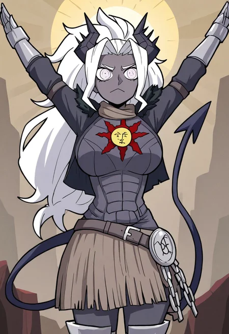 masterpiece, best quality, newest, absurdres, highres, anime, anime style, PraiseTS-V1.0, \o/, outstretched arms, praise the sun, arms up, 1girl, judgement \(helltaker\), grey skin, grey colored skin, dark skin, demon girl, demon tail, demon horns, horns, SOA-ARMOR-V1.0, armor, sun symbol, chainmail, full armor,