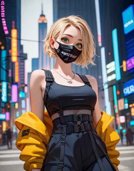 zPDXL2, <lora:TechwearV2:1>, t3chwear,
1girl, cute face, detailed eyes, short blonde hair, green eyes, black face mask, closeup, city in the background