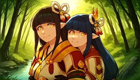 zPDXL,anime artwork score_9,score_8_up,score_7_up,2d,<lora:Iriedono_Style_PonyXL:1>,by iriedono,iriedono,<lora:Huffslove_Style_PonyXL:1>,by huffslove,huffslove,<lora:anime-detailer-xl:1.5>,<lora:Expressive_H-000001:1>,Expressiveh,(source_anime),raytracing,rating_questionable,rating_safe,
2girls,<lora:hinoa.pony:0.6>,hinoa,<lora:minoto.pony:0.6>,minoto,
outdoors,forest,scenery,
absurdres,
upper body,looking at viewer,cute,attractive,
eye contact,standing,hug,smile,
. anime style,vibrant,studio anime,highly detailed,