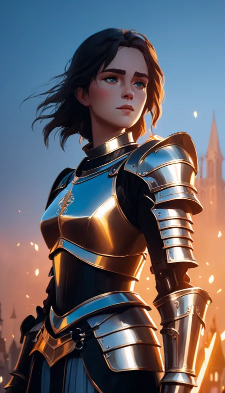 A female knight in a shiny armor, cinematic scene, scenery, detailed background, masterpiece, best quality, high quality, highres, absurdres, very detailed, high resolution, sharp, sharp image, 8k, vivid, colorful, arcane style <lora:arcance_style_xl_v1:1.0>