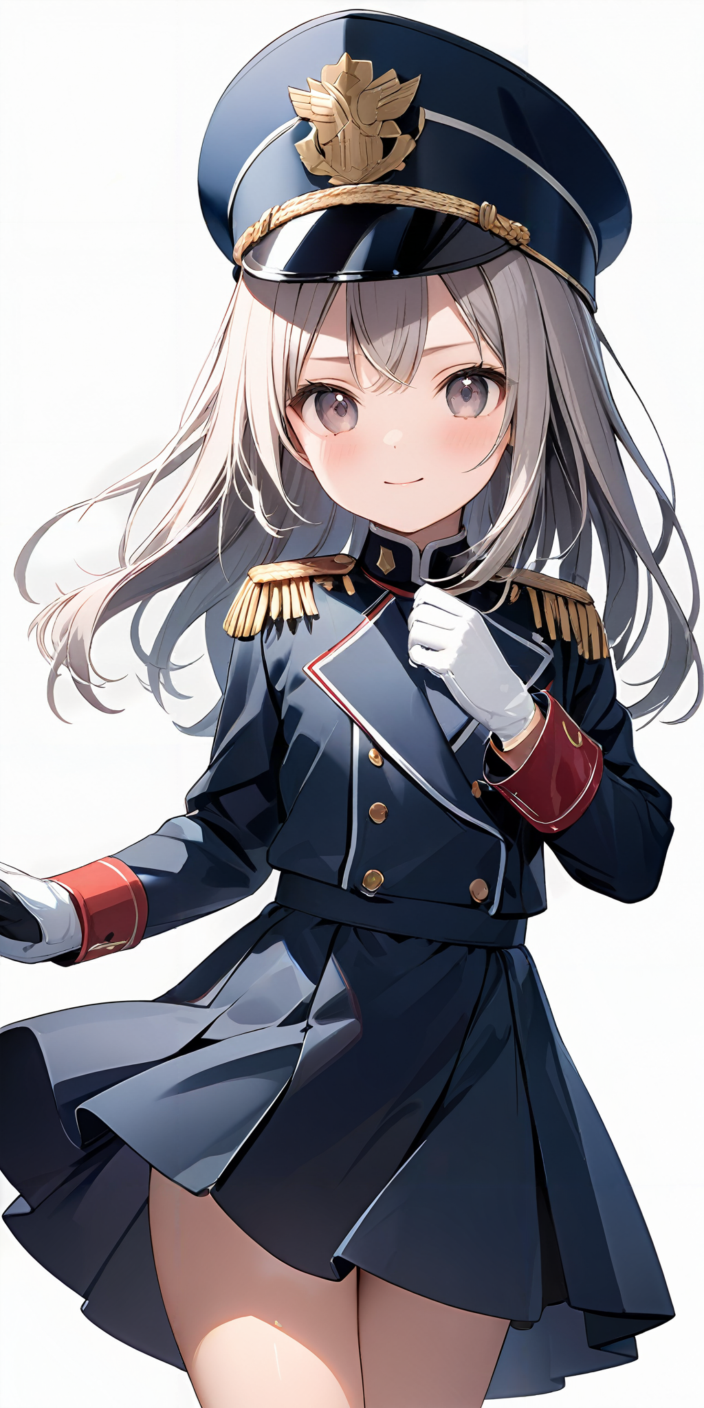 masterpiece,ultra-detailed,best quality,8K,illustration,cute face,clean skin ,shiny hair,girl,simple background
 <lora:add-detail-xl:1>  <lora:marching uniform_XL_V1.0:0.5> jyojifuku, marching, hat, boots, uniform, gloves, epaulettes