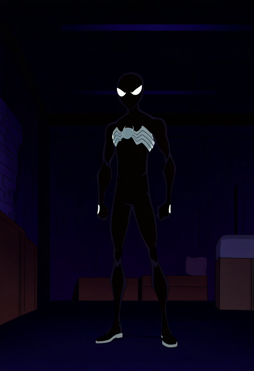anime screencap, anime coloring, masterpiece, best quality, amazing quality, absurdres, wide shot, full body shot, male focus, 1boy, solo, black bodysuit, mask, superhero, muscular, white eyes,
indoors, industrial, gym_storeroom, dark_theme,fca style