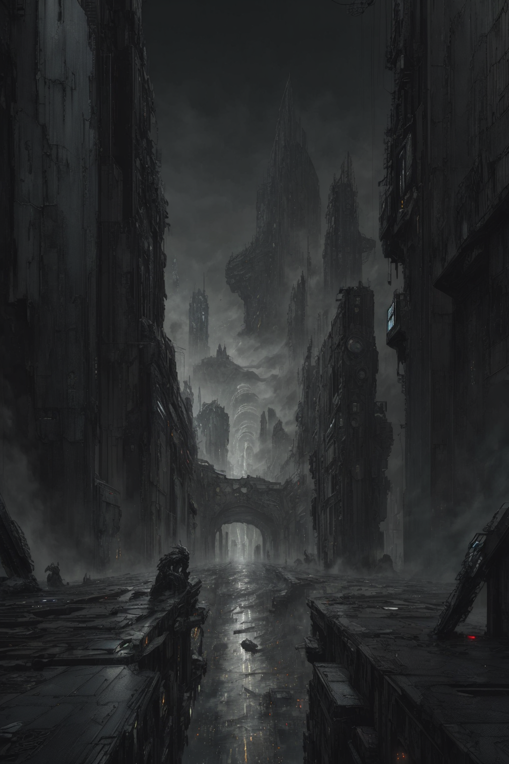 (masterpiece), futuristic cityscape, street view, (decrepit scenery), megastructures, intricate detail, (art by [Bastien Lecouffe-Deharme|Caspar David Friedrich ]:1.2), (unreal engine render, photorealistic painting, photorealistic:1.2), (mysterious)