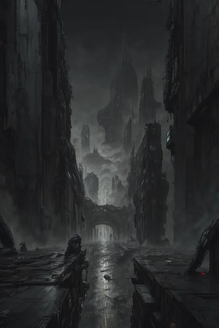 (masterpiece), futuristic cityscape, street view, (decrepit scenery), megastructures, intricate detail, (art by [Bastien Lecouffe-Deharme|Caspar David Friedrich ]:1.2), (unreal engine render, photorealistic painting, photorealistic:1.2), (mysterious)