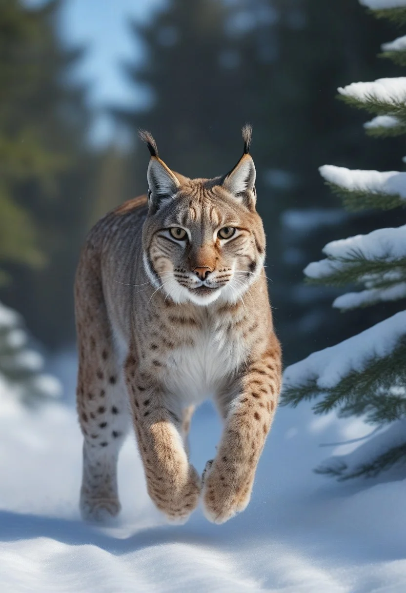 very realistic photograph close-up of a head lynx running in the snow, forest background of pine, fir and white spruce and birch, blue sky with cirrus cloud and slightly hidden sun