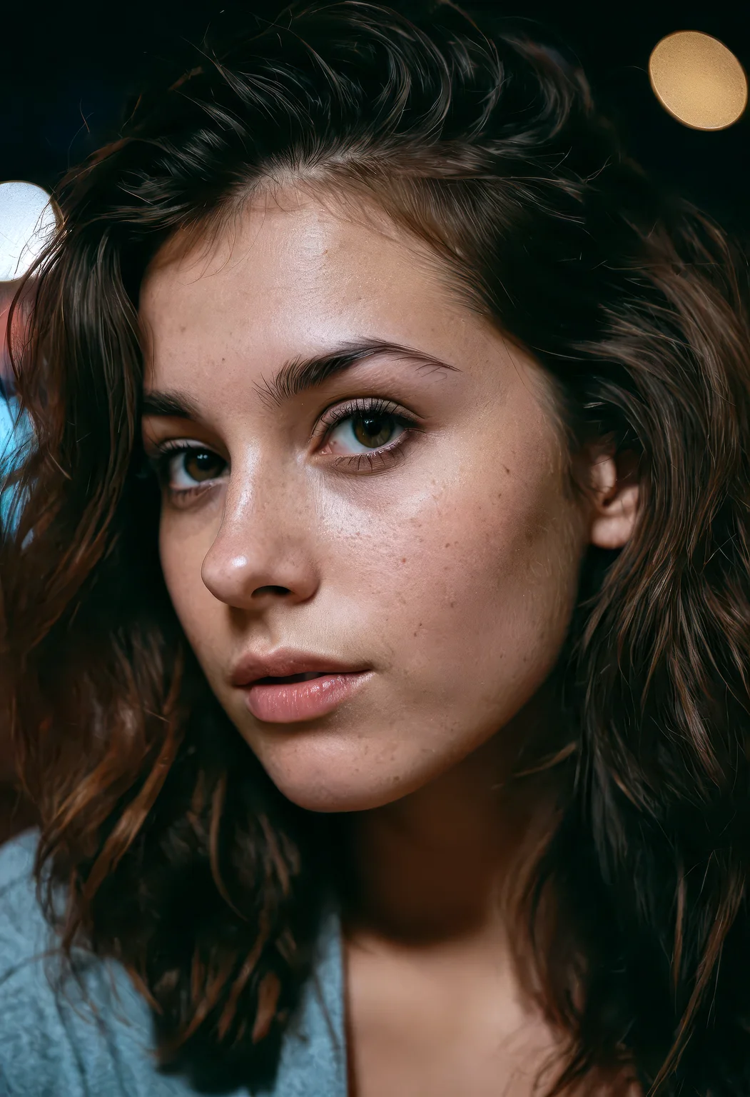 close-up portrait of a beautiful college girl, brunette, girl next door vibe, wearing baggy clothes, messy hair, shot at night in an interior setting, film grain texture, retro cinematic look, (bokeh:1.3), Porta 160 color palette, sharp focus on subject, shot on ARRI ALEXA 65 and Fujifilm XT-3, soft ambient lighting, hyperrealistic, photorealistic, ultra-detailed, professional cinematic photography