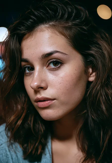 close-up portrait of a beautiful college girl, brunette, girl next door vibe, wearing baggy clothes, messy hair, shot at night in an interior setting, film grain texture, retro cinematic look, (bokeh:1.3), Porta 160 color palette, sharp focus on subject, shot on ARRI ALEXA 65 and Fujifilm XT-3, soft ambient lighting, hyperrealistic, photorealistic, ultra-detailed, professional cinematic photography