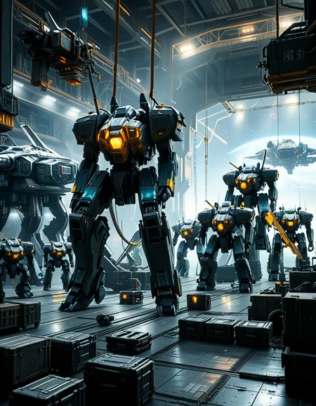 A massive, futuristic spaceship hangar filled with towering battle mechs undergoing maintenance. The hangar is dimly lit, with industrial lighting casting a cold, bluish glow over the metallic surfaces. The high ceiling is lined with steel support beams, catwalks, and suspended cranes used for repairing the massive war machines. The walls are adorned with warning signs, control panels, and illuminated holographic displays providing diagnostic data on the mechs. In the foreground, a colossal mech stands on a heavy-duty platform, its armored plating showing signs of battle damage, with exposed mechanical parts being worked on by robotic arms. The ground is marked with yellow hazard lines and scattered with tools, power cables, and spare parts. Steam rises from various vents, adding to the gritty, industrial feel. In the background, more mechs are stationed in docking bays, with their weapons and mechanical limbs being adjusted by automated repair systems. A large open bay door at the far end reveals the vastness of space, with distant stars and a massive planet visible beyond the hangar. The scene is detailed, immersive, and full of high-tech military sci-fi energy.
<lora:SDXLFaeTastic2400:0.4> <lora:extremely_detailed:0.4> extremely detailed,<lora:mechwarriors_spaceship_h4ng4r:1>,mechwarriors spaceship h4ng4r, Masterpiece,best quality,hi res,8k,hi res,8k,award winning,(sharp focus, intricate, highly detailed),