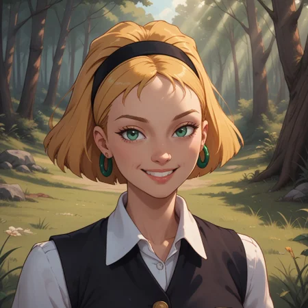 score_9, score_8, BREAK, solo, Olga_Pataki_(Hey_Arnold), blonde hair, bobbed flip hairstyle, black headband, midriff-baring white long-sleeved shirt with a black vest over it, green plaid skirt, emerald hoop earrings, brown boots, white knee socks, self portrait, smile, looking at viewer, outdoors, sunlight, shadows, evening lighting, natural lighting, forest, trees, grass, orange sky, sunset