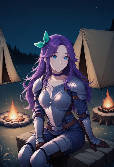 masterpiece, best quality, 1girl, solo, <lora:NSAbigailStardew:1> NSAbigailMisc, blue eyes, purple hair, long hair, parted bangs, hair bow, green bow, purple choker, night, sitting, campfire, armor, stars, stump, tent