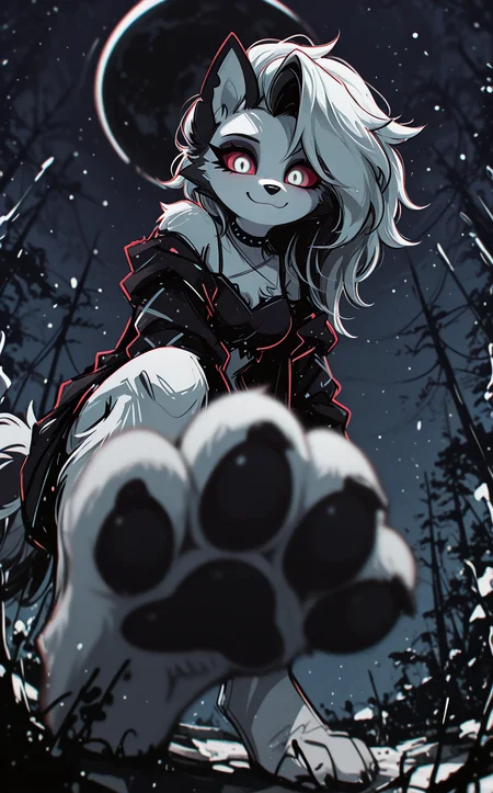 [sketch:no_lineart], solo, (blurry, depth_of_field:1.4), [abstract:0.50], loona_\(helluva_boss\), red sclera, (dynamic comparison:1.3), masterpiece, best quality, very aesthetic, looking_at_viewer, humanization, white fur, open_clothes, colored, breasts, light_smile, paws, barefoot, , ground level shot,Low-Angle Perspective, [minimalism:0.90], outline, [white eye::0.5], foot shot, BREAK (depth_of_field:1.3), photorealistic background,Ð· outdoors, nature, blurry, dark moon,[ reflection:0.8]