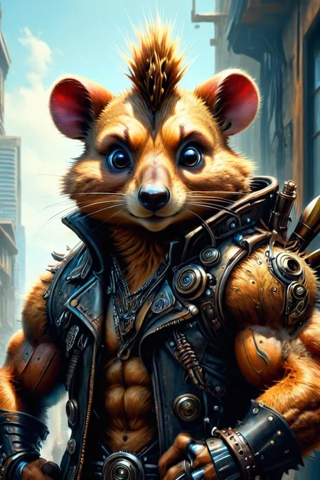 ultra-fine digital painting of a madpunk muscular <lora:anthro_muscular:0.7> anthro Quokka (Looking over the shoulder, intriguing glance) at AI therapist counseling inhabitants emotionally, super detail, ultra-realism, <lora:xl_more_art-full_v1:0.3>, <lora:madpunk:1> , <lora:HorrorAI:0.7> CosmicHorrorAI