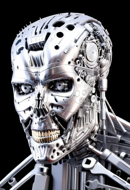 Dutch angle, front view, a t800 terminator, entire made by <tools-world-morph>, ultra details, ultra quality, masterpiece, dark black background, made by small tools details