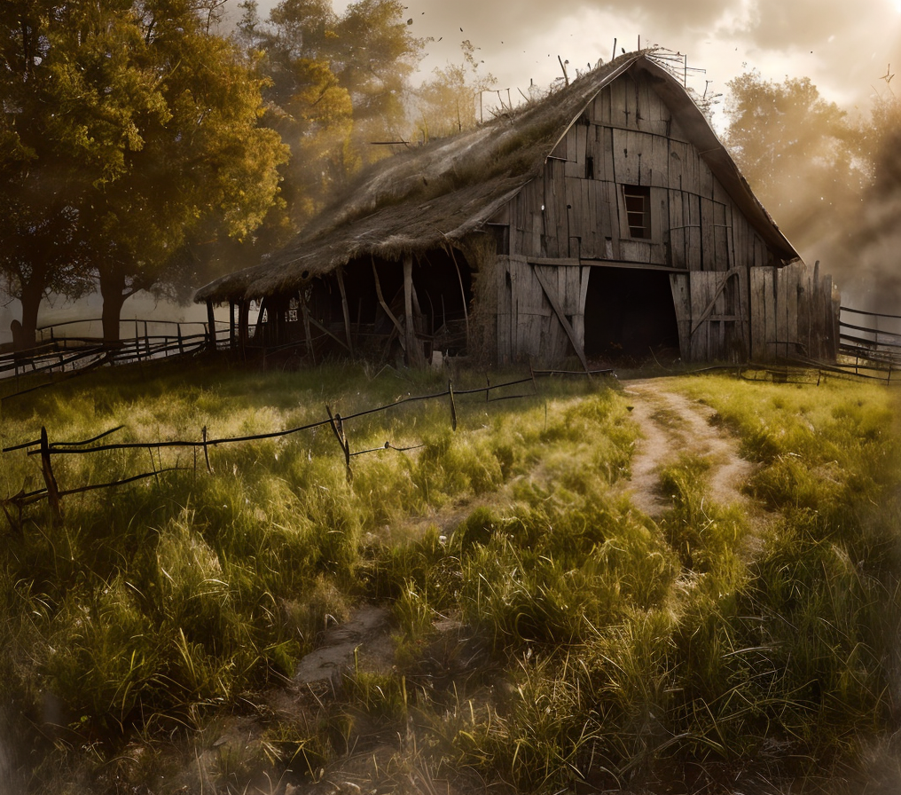 RAW photo, (masterpiece:1.3), subsurface scattering, heavy shadow, (high quality:1.4), (intricate, high detail:1.2), professional photography, HDR, High Dynamic Range, realistic, ultra realistic, photorealistic, high resolution, film photography, ambient lighting, atmospheric effects, <lora:detail_slider_v4:2>, OverallDetail,  farm, fields, barn, fence, fantfa, <lora:FantasyFarm:1>