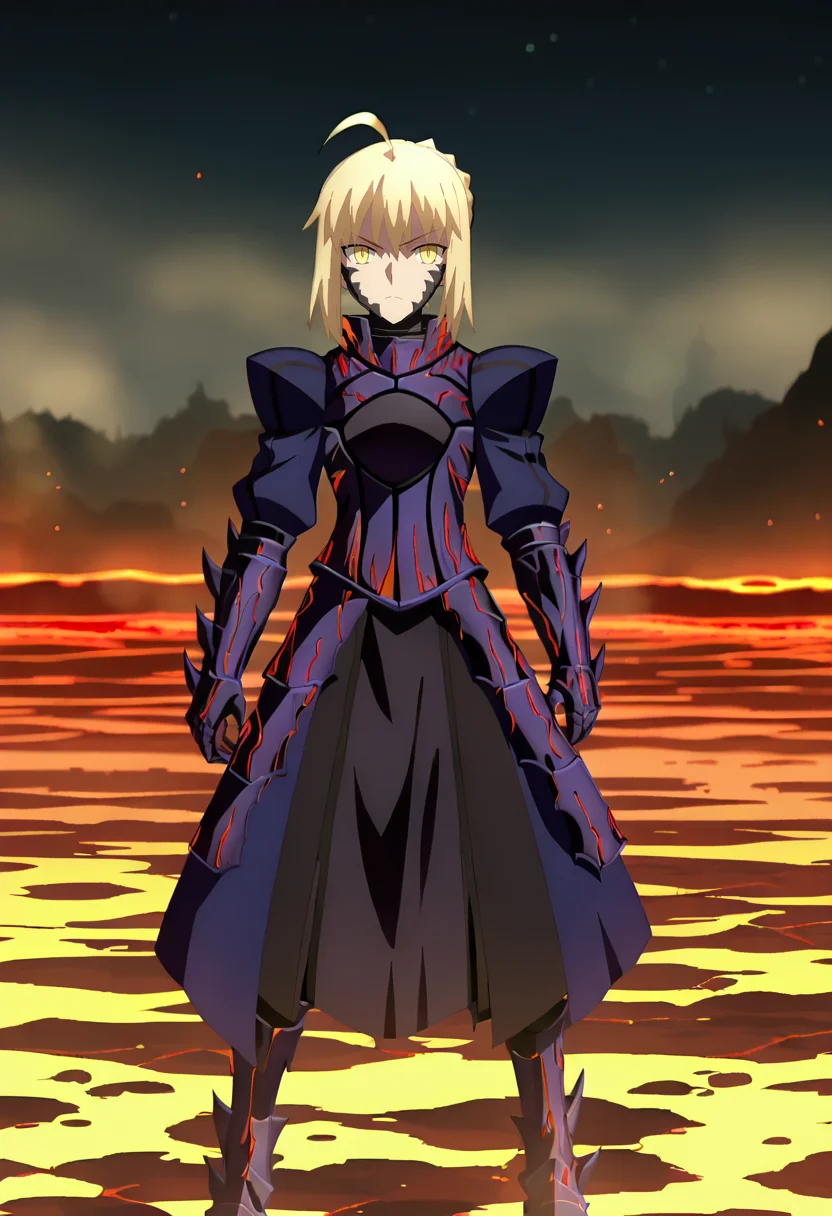 score_7_up, animescreencap,
<lora:FateStayNightUBW_SaberXL:0.9>, SaberFS,
1girl, solo,
blonde hair, yellow eyes, short hair, french braid, ahoge,
SaberAlter, dark persona, corruption, armor, black dress, gauntlets, juliet sleeves, faulds,
standing, looking at viewer,
outdoors, night, dark, fog, lava