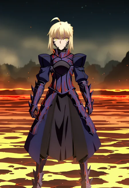 score_7_up, animescreencap,
<lora:FateStayNightUBW_SaberXL:0.9>, SaberFS,
1girl, solo,
blonde hair, yellow eyes, short hair, french braid, ahoge,
SaberAlter, dark persona, corruption, armor, black dress, gauntlets, juliet sleeves, faulds,
standing, looking at viewer,
outdoors, night, dark, fog, lava