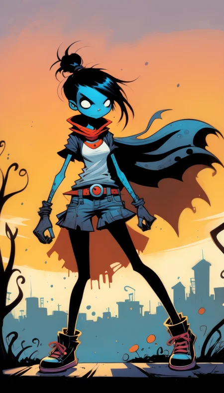 positiv Clip L: Skottie Young Style, an award-winning, of a bautiful woman, positiv Clip G: Skottie Young Style, an award-winning, of a skinny Gothic woman, sunset in the background,