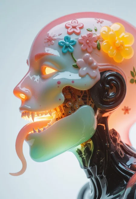 An extreme macro close-up of a translucent robotic head inspired by the delicate beauty of Asian ceramics, with intricate floral and Yakuza-style designs. The head has a porcelain-like translucence, with soft pastel hues of pink, blue, yellow, and green glowing faintly from within, enhanced by subtle subsurface scattering (SSS). Its smooth, ceramic-like surface is etched with detailed patterns of cherry blossoms and koi fish, evoking the elegance of traditional Asian pottery. Beneath the translucent shell, flower-like mechanical components and wired circuits appear as if suspended in glass. The sharp, crystalline teeth shimmer like finely polished jade, while its serpentine tongue, also ceramic in texture, gleams with a lifelike sheen. A soft, diffused backlight enhances the translucence and highlights the glowing floral elements, giving the head an ethereal, dreamlike aura. The shallow depth of field emphasizes the intricate details of the ceramic-inspired design, while a faint cinematic film grain adds a timeless, artistic quality to the surreal beauty of this robotic masterpiece.