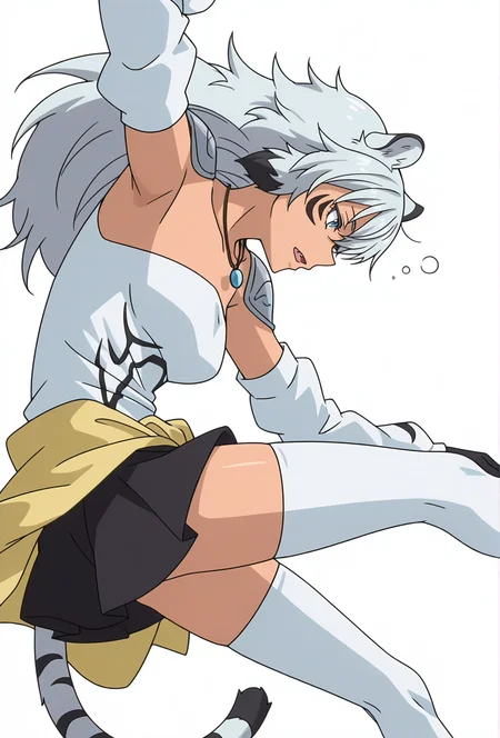 Smooth Quality,masterpiece,very intricate, high quality details, ultra realistic, high detailed skin,detailed enviorement,absurdres,
simple background, white background,solo,
sideways,dancing,
sleepy,
<lora:Suphia_CNR_r1:0.8> suphia_cnr, 1girl,long hair, grey hair, blue eyes,dark-skinned female, facial mark,tiger ears, tiger tail, fang,monster girl,necklace,suphia_def,black skirt, clothes around waist, detached sleeves, elbow gloves, wide sleeves, white thighhighs, zettai ryouiki,shoulder armor,