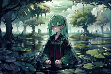highly insanely detailed, masterpiece, top quality, best quality, highres, 4k, 8k, RAW photo, (very aesthetic, beautiful and aesthetic),  
(code_style,codestyle), 
<lora:CodeStyle (half generic class)_564920:0.6>, 
(1girl:1.3), 1other, 
(swampy wetlands landscape ,clouds) , deep underground, very dark, cavern,a colorful background,(solid color background,dripping colors background),âââ