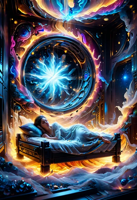 high quality, ultra detailed, abstract, fantasy, photo realistic, 4k, Fantastic lighting. Detailed shadows. intricate details, hyper-detailed, ultra-sharp, 8k , HDR+, glow,
3l3ctr0 An AI god asleep in a chamber of endless time ,
 <lora:3l3ctr0-SDXL:1>