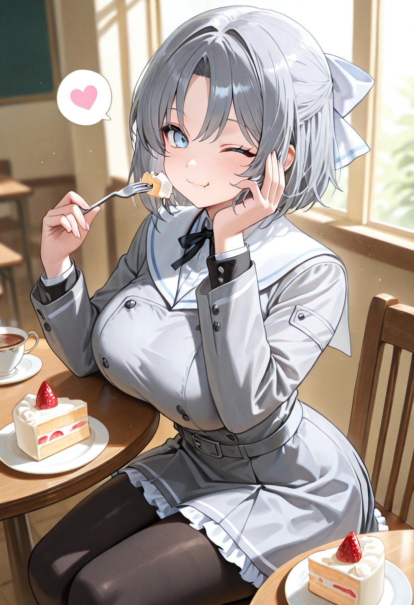 masterpiece, best quality, newest, absurdres, highres ,   <lora:YumiSenranKaguraIllustrious:1>,  YMISENRN, blue eyes, grey hair, hair bow, short hair, large breasts, school uniform, sailor collar,  grey skirt, frilled skirt, black pantyhose, smile, smile, looking at viewer, sitting, spoken heart, holding fork, cake, one eye closed, eating, table, teacup, hand on own face,