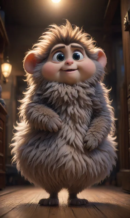 A fluffy creature with a small head wearing clothes made of silk, in the style of Pixar animation, low angle view, 16mm lens, award winning, hyper detailed, dramatic lighting, artstation, octane renderer, unreal engine 5, trending on ArtStation, digital art. Digital painting, sharp focus, 8k high definition, 3D, masterpiece, by Greg <lora:Fast:0.69>