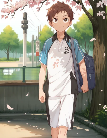 score_9, score_8_up, score_7_up, score_6_up, source_anime, outdoors, sakura, cherry blossoms, leaves, dutch angle, shade, 1boy, solo, tsubasa, sportswear, walking, smile, looking up, school bag <lora:maruikotatsu-amxl-v1b-ShoAI:1> <lora:Tsubasa_stars:0.8>