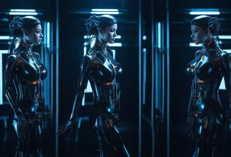 beautiful girl being transformed into robot, transformation sequence, gorgeous, 3 frames, several frames, multiple views, 3 pictures, multiple pictures, robot transformation, cyborg, SCIENCE FICTION, ROBOT JOINTS, robotization, before and after pictures, girl to robot, dronification, full body, remodelling surgery, high detail, cyberpunk glasses, nsfw, progress, interesting storyline, comic, color, perfect picture, high detail, flawless, UHD, 8K