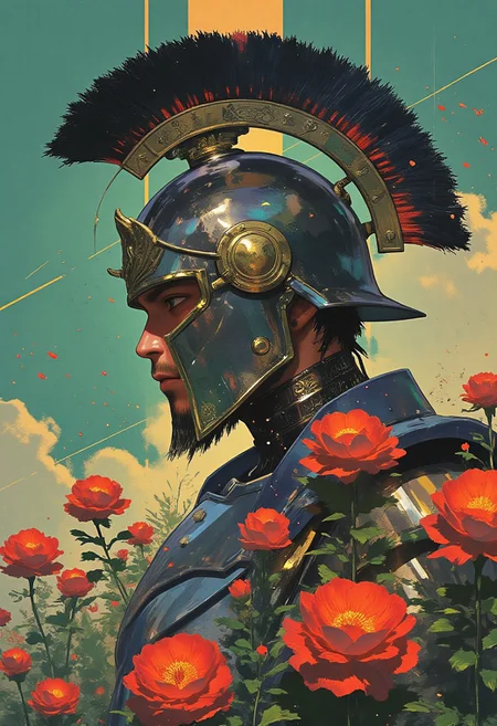 **((aesthetic_pose dramatic_lightning ne0nfant4sy vantablack))** anime: A striking close-up side view of a Roman warrior clad in intricate chrome armor, showcasing a highly polished finish that reflects the surrounding light effects, creating a dazzling display of highlights and reflections. He wears a traditional Roman helmet adorned with decorative plumes, enhancing his fierce expression. The warrior is surrounded by a sea of the brightest red flowers, with vibrant rose-red blooms completely enveloping him, interspersed with delicate small flowers that add a touch of softness to the powerful scene. The background is a rich emerald green, contrasting beautifully with the red flowers and making the chrome armor gleam even more. The lighting captures the sheen of the armor while illuminating the intricate details of the floral arrangement, creating an enchanting and dynamic atmosphere., ne0nfant4sy