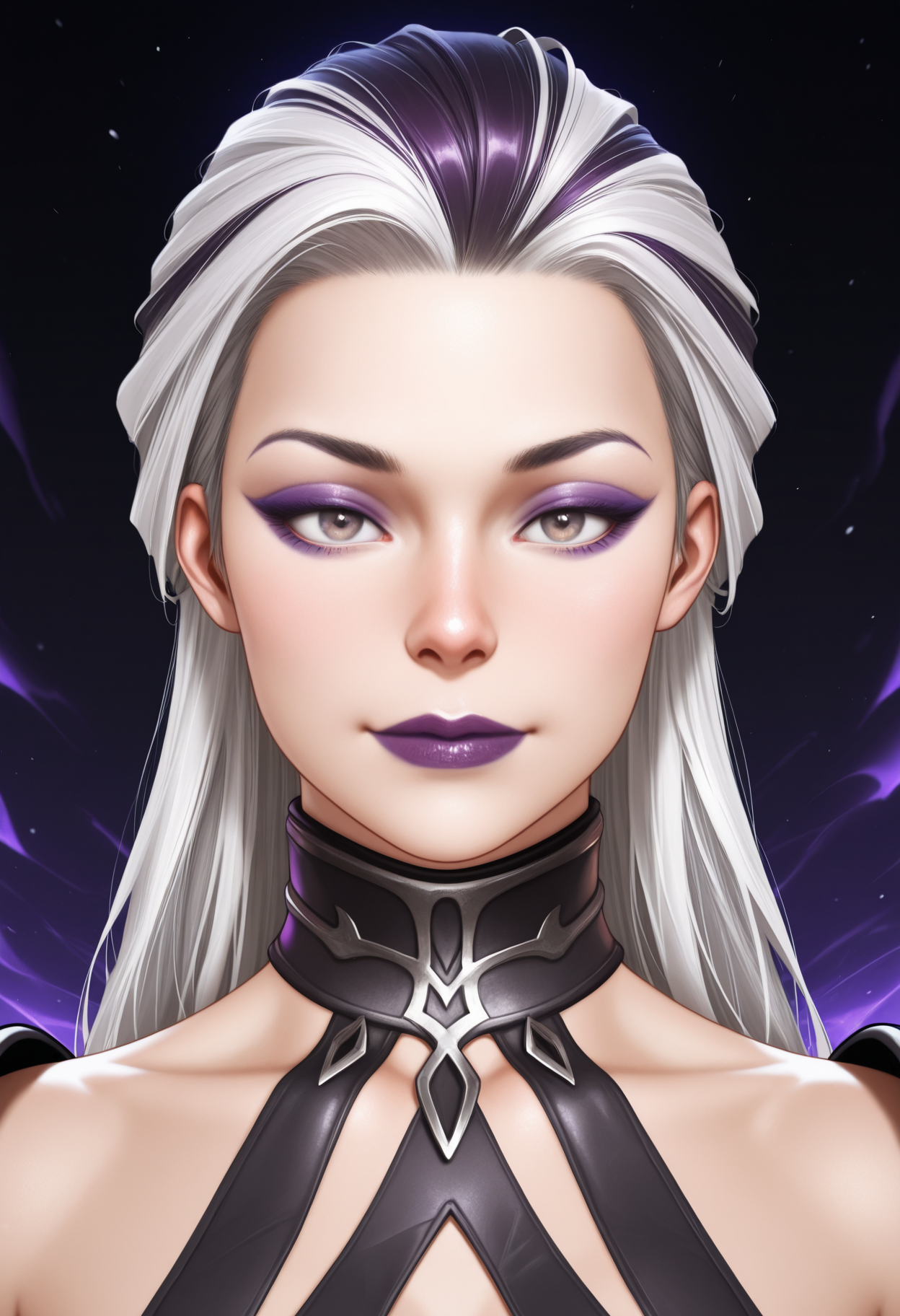 masterpiece, best quality, amazing quality,  <lora:sindel_illustrious_byJaneB:1>, s1ndelmk11,
portrait. high collar, multicolored hair, purple lips, purple eyeshadow,