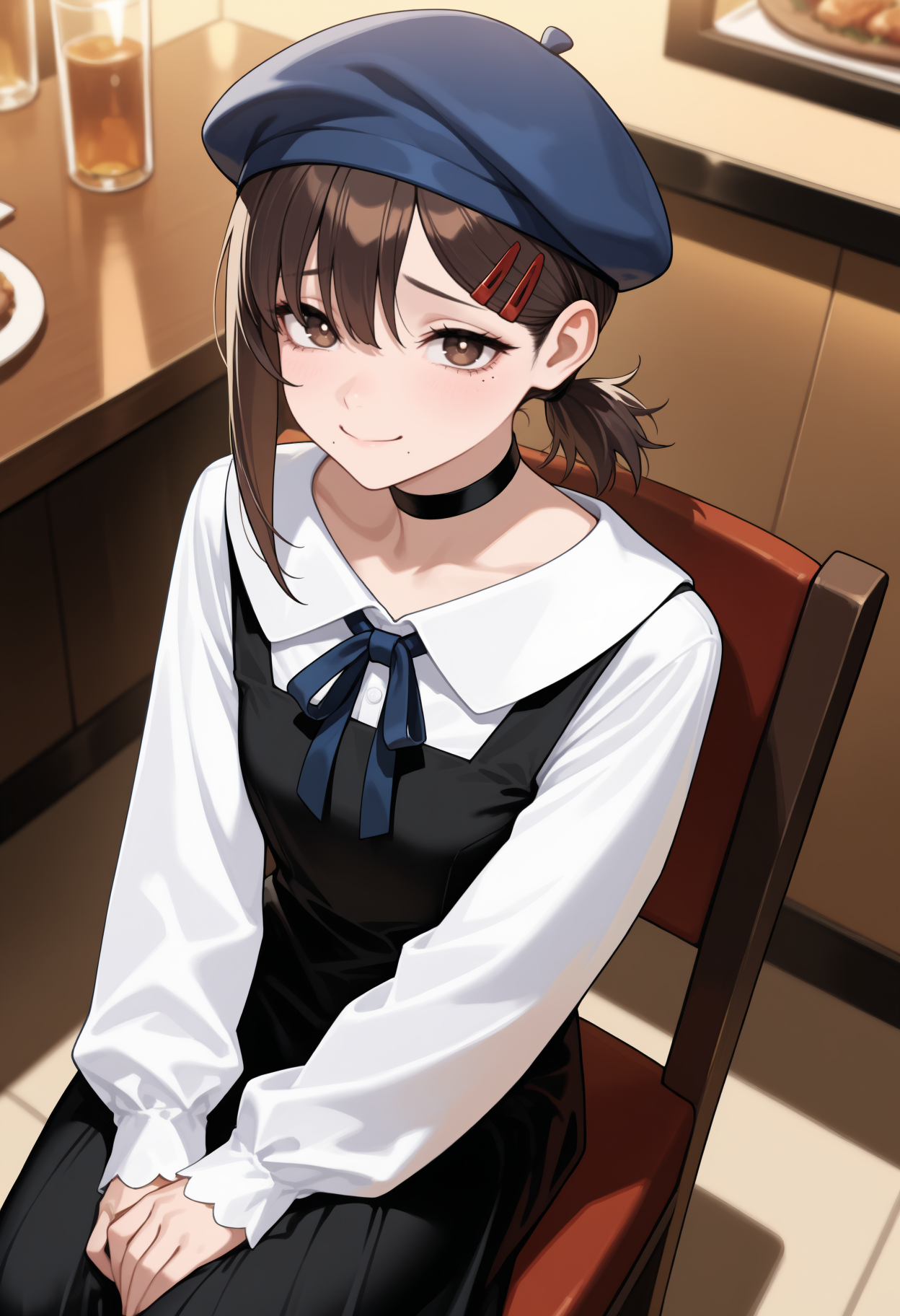masterpiece, best quality, newest, solo, 1girl, kob3nidress, mole under eye, mole under mouth, smile, looking at viewer, sitting, on chair, hands on own thighs, medium hair, brown hair, single sidelock, short ponytail, hairclip, blue headwear, beret, brown eyes, raised eyebrows, black dress, pinafore dress, sleeveless dress, white shirt, collared shirt, neck ribbon, long sleeves, black choker, indoors, restaurant, table
<segment:yolo-Anzhc Face seg 640 v2 y8n.pt,0.4,1//cid=11>