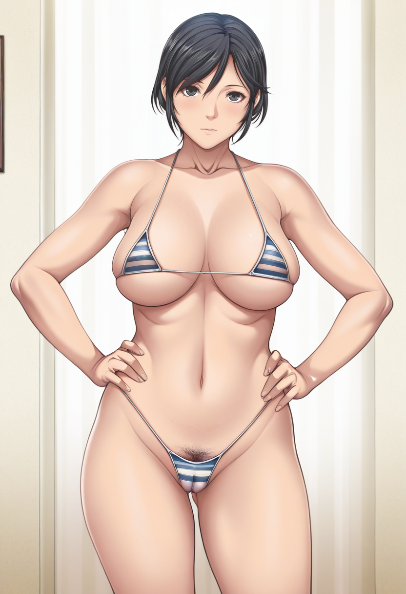 masterpiece, best quality,
 <lora:Sei_Shoujo_Style:1> S31_Sh0uj0, 1girl, solo,standing, hands on own hips,looking at viewer, black hair, short hair, black eyes,mature female, large breasts, wide hips,female pubic hair, cameltoe, skindentation,bikini, micro bikini, striped bikini,