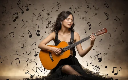 Beautiful woman playing guitar on rock live stage, (music notes and Scores floating in the air:1.8),