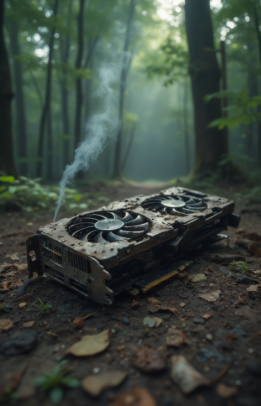 depiction of an old and dying rusty broken smoking NVIDIA graphics-card on its last journey to the end, soothing atmosphere,  <lora:- Flux1 - soothing_atmo_V2.0:.7>