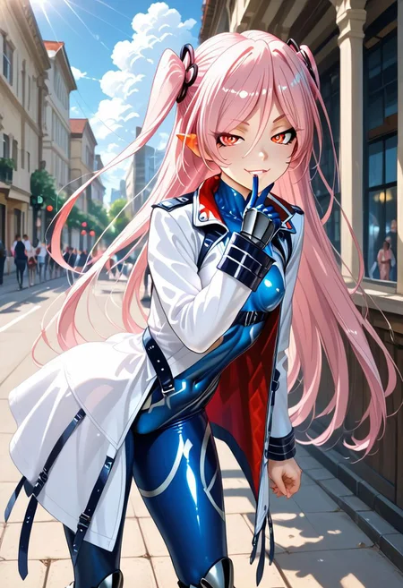 <lora:(felicia_taimanin)>, vampire fangs, long nails, flat chest, red eyes, pink hair, petite,
<outfit_set:(outfit_set_taimanin_bodysuit_and_coat)>, blue bodysuit, white coat,
<hair_style:(huge_long_twin_tails)>,
<view:(side_view)>,
<game_cg, ai_generated, score_9, score_8_up, score_7_up, score_6_up, masterpiece, best quality, newest, amazing quality, highres, intricate details, ultra-detailed, wind effect, hot illumination, clouds, walls, shadows, streets, photo background, detailed background, accurate wind effect, accurate shadows, accurate hands, translucent eyes>,
<looking at viewer, in front of viewer, hand open in front of mouth, hand closed on hip, standing, bent over, lips, mouth, closed teeth, wide mouth, smug face, sneer, curvy, half closed eyes>