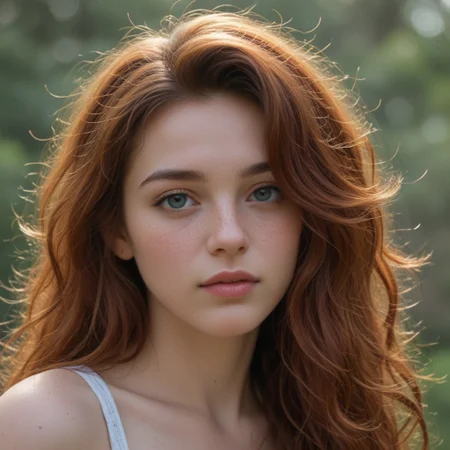 A portrait of a stunning redhead woman with bright and deep red long hair, curly hair that frames her face beautifully, She has clear and luminous blue eyes, smooth and fair skin with a subtle glow and freckles, the expression on her face is gentle and confident, slightly parted lips, The lighting is soft and natural, creating a warm and inviting atmosphere. The overall mood is serene and captivating, attention to detail in the texture of her hair and the sparkle in her eyes.