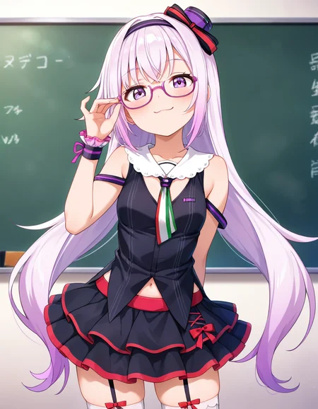 masterpiece, best quality, very aesthetic, absurdres, 1girl, carropino, pino1st, long hair, light purple hair, hairband, mini hat, light purple eyes, glasses, multicolored necktie, sleeveless, frilled skirt, white thighhighs, garter straps,cowboy shot, smug, adjusting eyewear, chalkboard, (upper body), <lora:ILcarropino_v1.1:0.7>