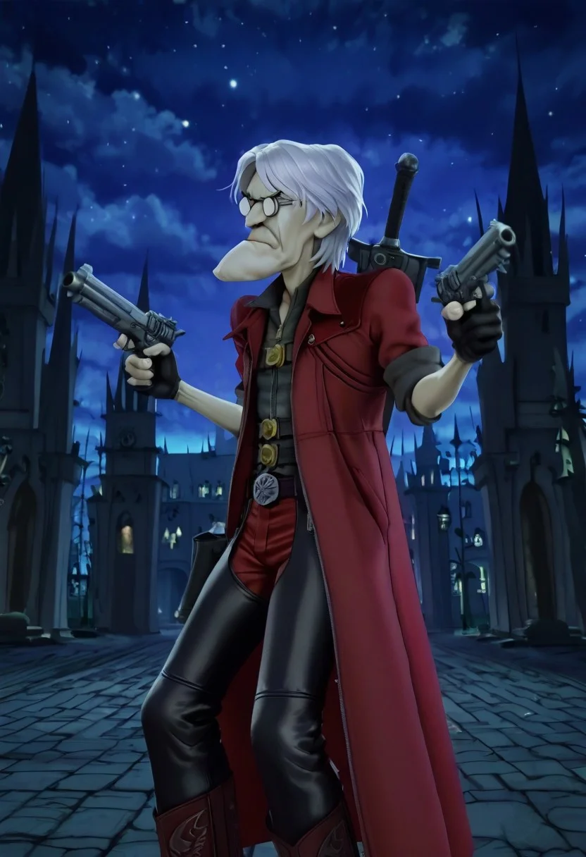 masterpiece, high quality, highest detail, semi-realistic, (solo:1.3), 1boy, Eustace, Bagge, glasses, grumpy expression, sharp chin, detailed face, medium white hair, open black collared shirt, open collar, zipper, chest belt, red coat, trench coat, sleeves rolled up, black gloves, partially fingerless gloves, buckle, black chaps, red pants, cowboy boots, dante, luminous effects, A3THER, two silver pistols, long barrels, (holstered sword on back:1.3), devil_may_cry, negative_hand, da4e3, (dual pistols:1.3), detailed background, gothic citiscape background, grimdark, night, spires,