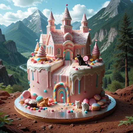lazyup, cat, vxc4k3, towering layered cake mountain with frosting waterfalls, surrounded by candy-floss trees and gumdrop boulders, intricate sugar-glazed fur texture, surreal bakery landscape, highly detailed masterpiece. <lora:vx_cake_pony:1.1000000000000003> <lora:TrendCraft_The_Peoples_Style_Detailer-v2.0A-3_13_2025-PonyXL:0.4000000000000001>