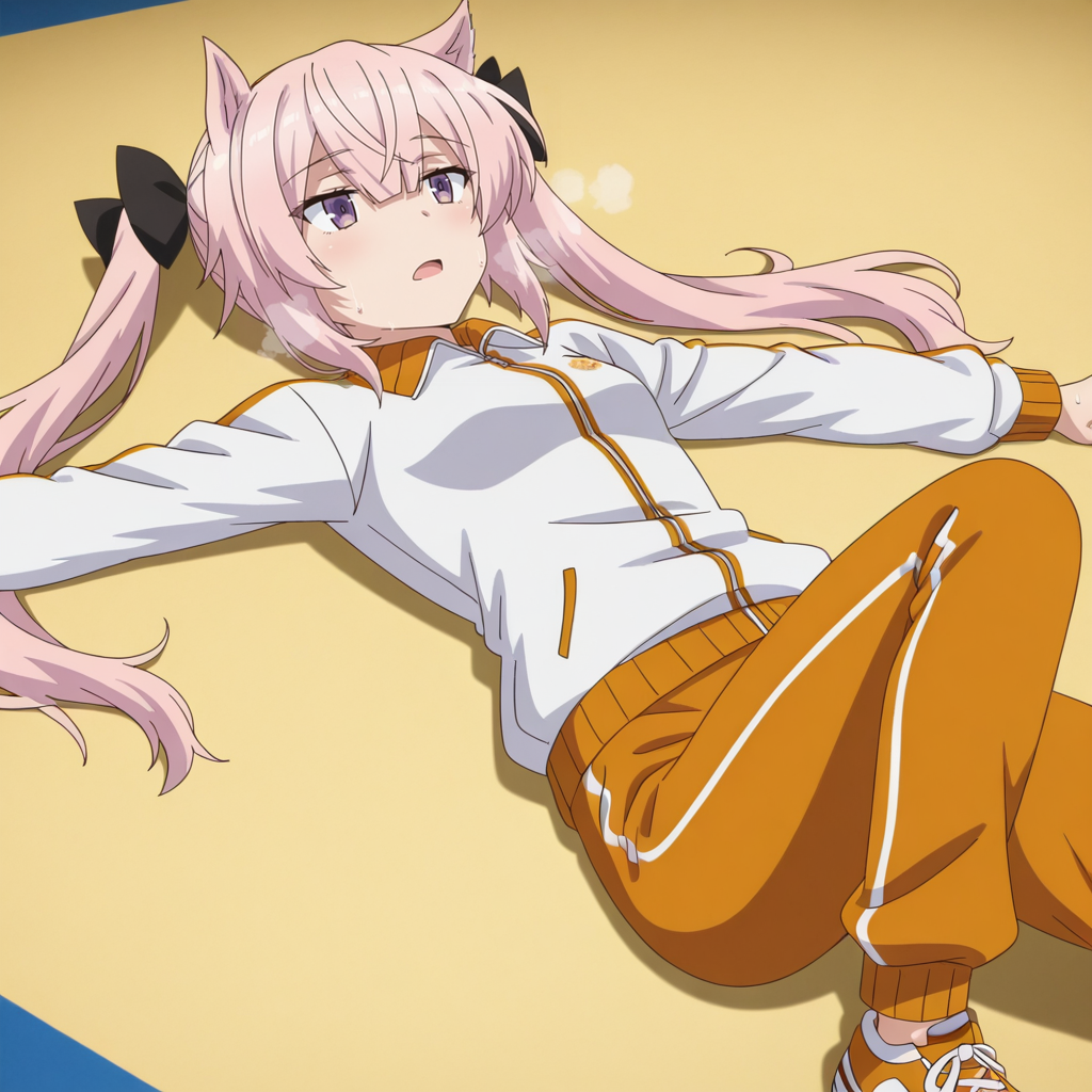 Kaoru Mashiko, toji no miko style, 1girl, solo, pink hair, long hair, crossed bangs, hair between eyes, cat ears, hair bow, black bow, twintails, purple eyes, small breasts, track suit, white track jacket, orange pants, orange trim, orange shoes, lying on ground, on back, tired, open mouth, heavy breathing, sweat
BREAK
inside gym
BREAK
anime screencap, anime coloring, anime colored background, detailed background, detailed face, shiny skin, shiny hair, absurdes, highres, dynamic pose, masterpiece, best quality, official art, cel shaded, graphic illustration, digital painting, CGI, very detailed, amazing quality, intricate details, dynamic pose, HDR, UHD, 8K, Fineline illustration, Highly detailed, ultra-fine painting, sharp focus, Professional, Vivid Colors <lora:add-detail-xl:1> <lora:DetailedEyes_V3:1> <lora:Toji_no_miko_character_pack_Illustrious:1>
