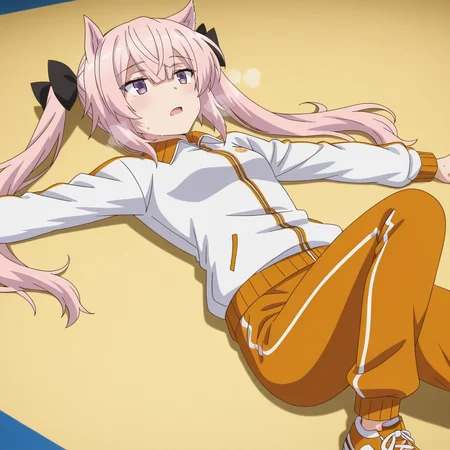 Kaoru Mashiko, toji no miko style, 1girl, solo, pink hair, long hair, crossed bangs, hair between eyes, cat ears, hair bow, black bow, twintails, purple eyes, small breasts, track suit, white track jacket, orange pants, orange trim, orange shoes, lying on ground, on back, tired, open mouth, heavy breathing, sweat
BREAK
inside gym
BREAK
anime screencap, anime coloring, anime colored background, detailed background, detailed face, shiny skin, shiny hair, absurdes, highres, dynamic pose, masterpiece, best quality, official art, cel shaded, graphic illustration, digital painting, CGI, very detailed, amazing quality, intricate details, dynamic pose, HDR, UHD, 8K, Fineline illustration, Highly detailed, ultra-fine painting, sharp focus, Professional, Vivid Colors <lora:add-detail-xl:1> <lora:DetailedEyes_V3:1> <lora:Toji_no_miko_character_pack_Illustrious:1>