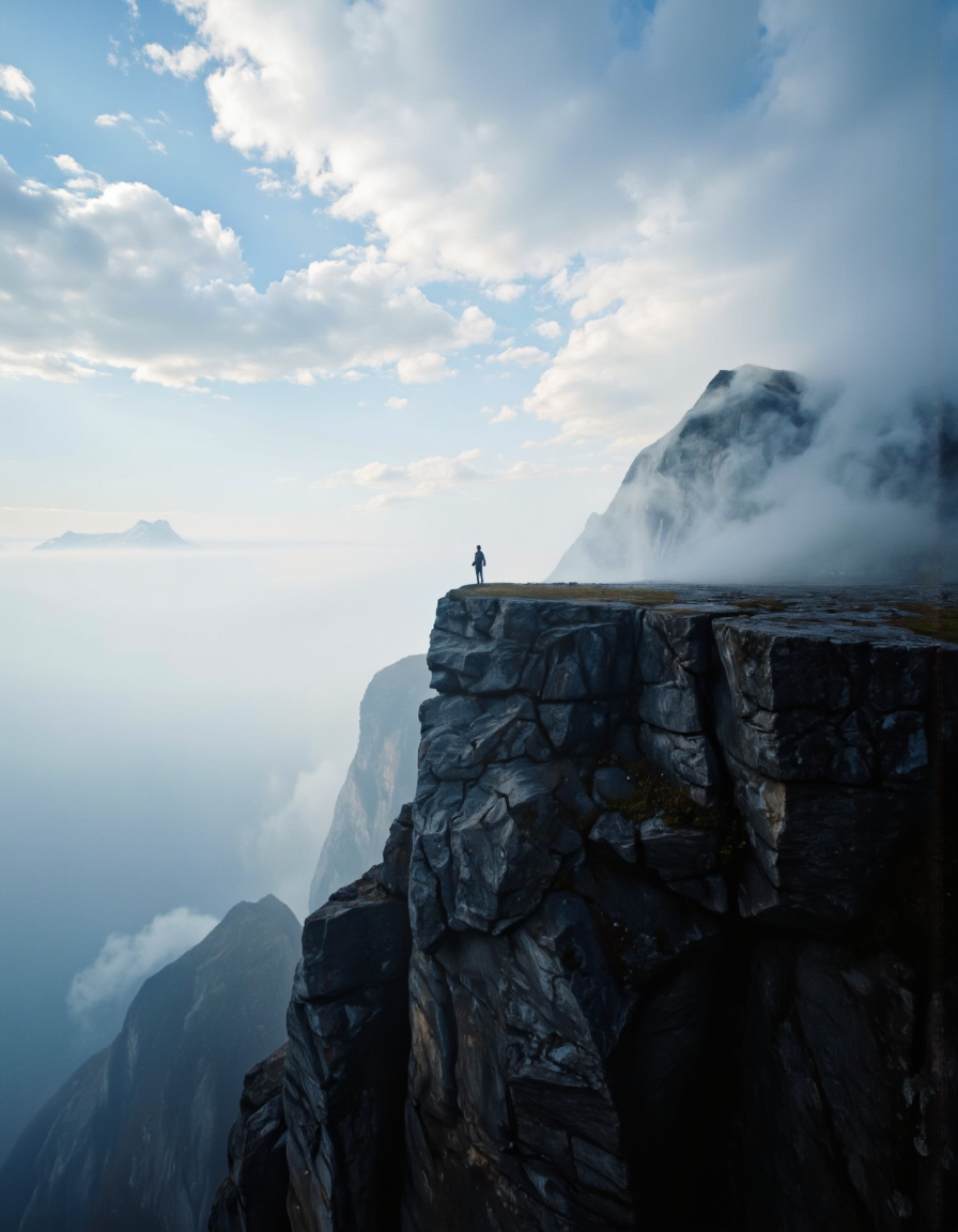 A person standing on the edge of a cliff, silhouetted against a dramatic sky filled with clouds and mist. the person is standing in the center of the image, facing away from the viewer, with a sense of solitude and serenity. the cliff is covered in a thick layer of fog, creating a dramatic contrast between the bright blue sky and the dark, rocky cliffs. in the background, a distant mountain peak can be seen, adding to the sense of depth and perspective. the image is taken from a bird's eye view, capturing the vastness of the landscape. the overall mood is one of awe and wonder, with the individual's silhouette standing out against the misty atmosphere. <lora:Landscapes_II_epoch_8:0.9>