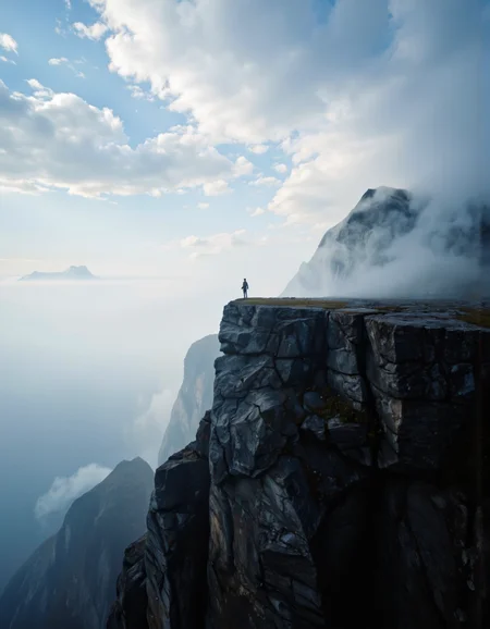 A person standing on the edge of a cliff, silhouetted against a dramatic sky filled with clouds and mist. the person is standing in the center of the image, facing away from the viewer, with a sense of solitude and serenity. the cliff is covered in a thick layer of fog, creating a dramatic contrast between the bright blue sky and the dark, rocky cliffs. in the background, a distant mountain peak can be seen, adding to the sense of depth and perspective. the image is taken from a bird's eye view, capturing the vastness of the landscape. the overall mood is one of awe and wonder, with the individual's silhouette standing out against the misty atmosphere. <lora:Landscapes_II_epoch_8:0.9>